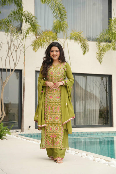 Chinnon Silk Zari Thread Embroidered Top-Pant with Dupatta