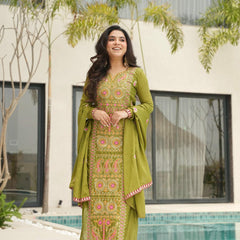 Chinnon Silk Zari Thread Embroidered Top-Pant with Dupatta
