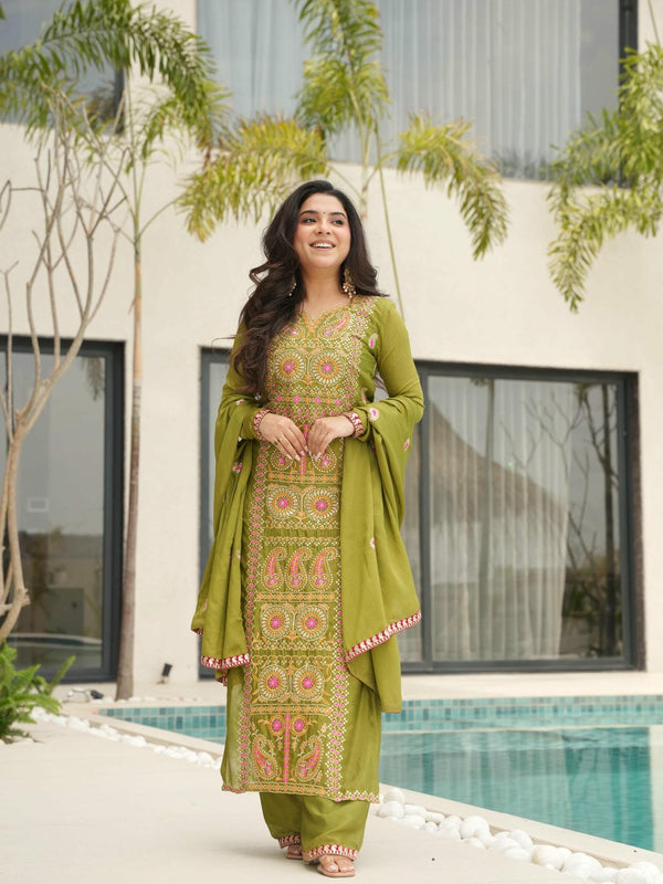 Chinnon Silk Zari Thread Embroidered Top-Pant with Dupatta