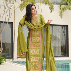 Chinnon Silk Zari Thread Embroidered Top-Pant with Dupatta