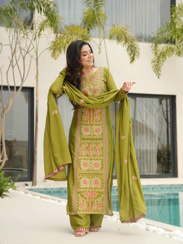 Chinnon Silk Zari Thread Embroidered Top-Pant with Dupatta