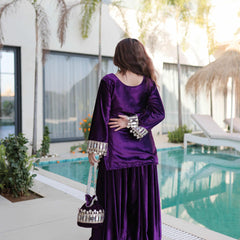 Ice Velvet Zari Mirror Work Top-Palazzo with Batwa