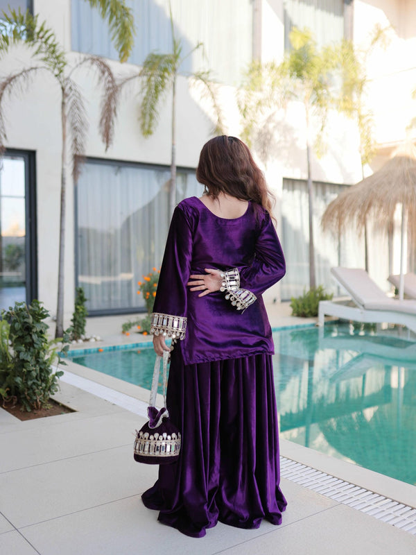 Ice Velvet Zari Mirror Work Top-Palazzo with Batwa