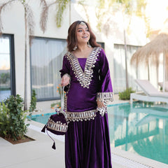 Ice Velvet Zari Mirror Work Top-Palazzo with Batwa