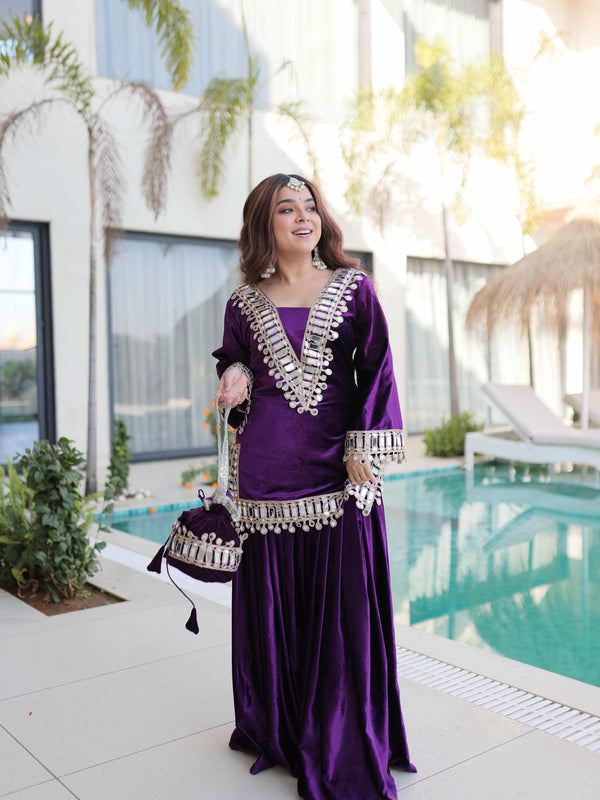 Ice Velvet Zari Mirror Work Top-Palazzo with Batwa