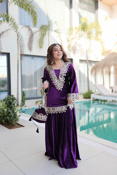 Ice Velvet Zari Mirror Work Top-Palazzo with Batwa