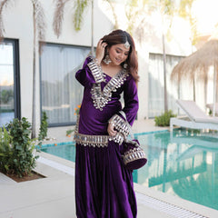 Ice Velvet Zari Mirror Work Top-Palazzo with Batwa