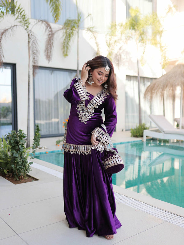 Ice Velvet Zari Mirror Work Top-Palazzo with Batwa