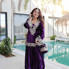 Ice Velvet Zari Mirror Work Top-Palazzo with Batwa