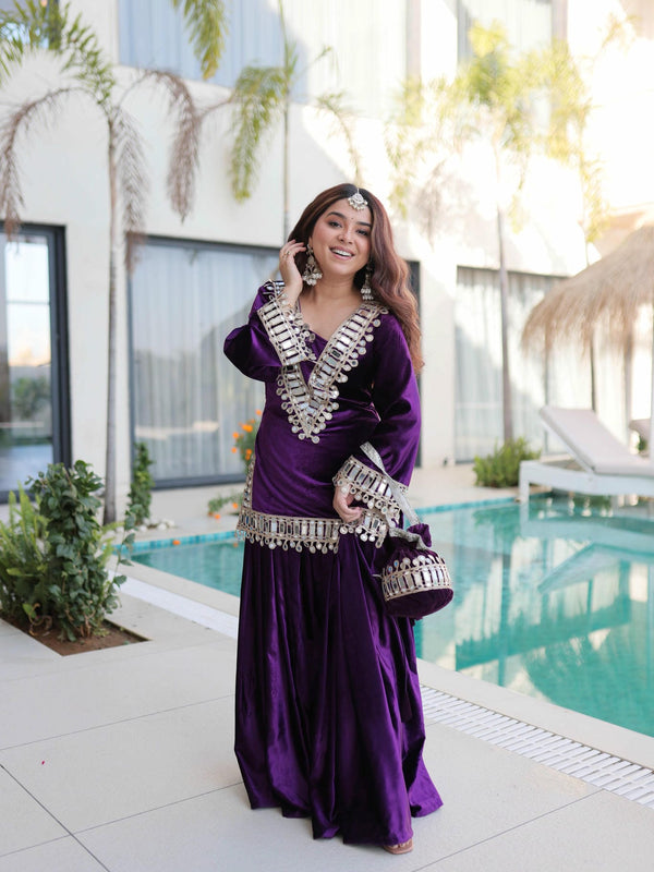 Ice Velvet Zari Mirror Work Top-Palazzo with Batwa