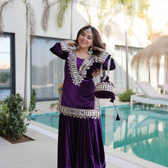 Ice Velvet Zari Mirror Work Top-Palazzo with Batwa