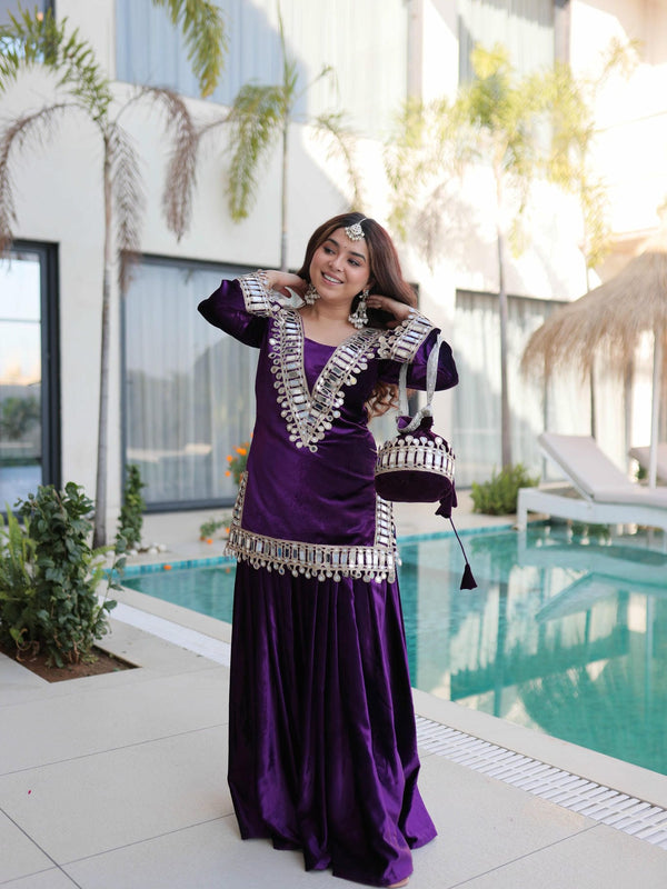 Ice Velvet Zari Mirror Work Top-Palazzo with Batwa