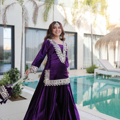Ice Velvet Zari Mirror Work Top-Palazzo with Batwa