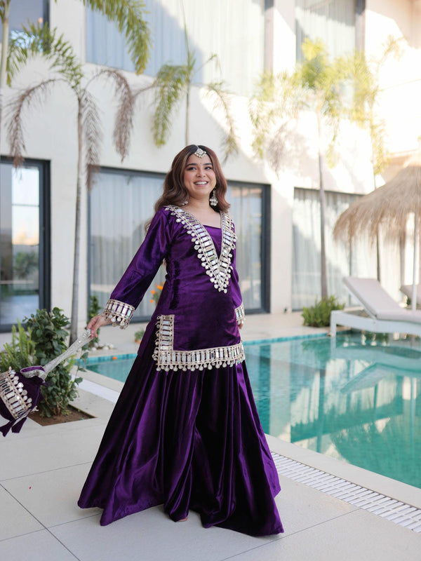 Ice Velvet Zari Mirror Work Top-Palazzo with Batwa