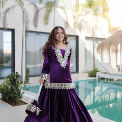 Ice Velvet Zari Mirror Work Top-Palazzo with Batwa