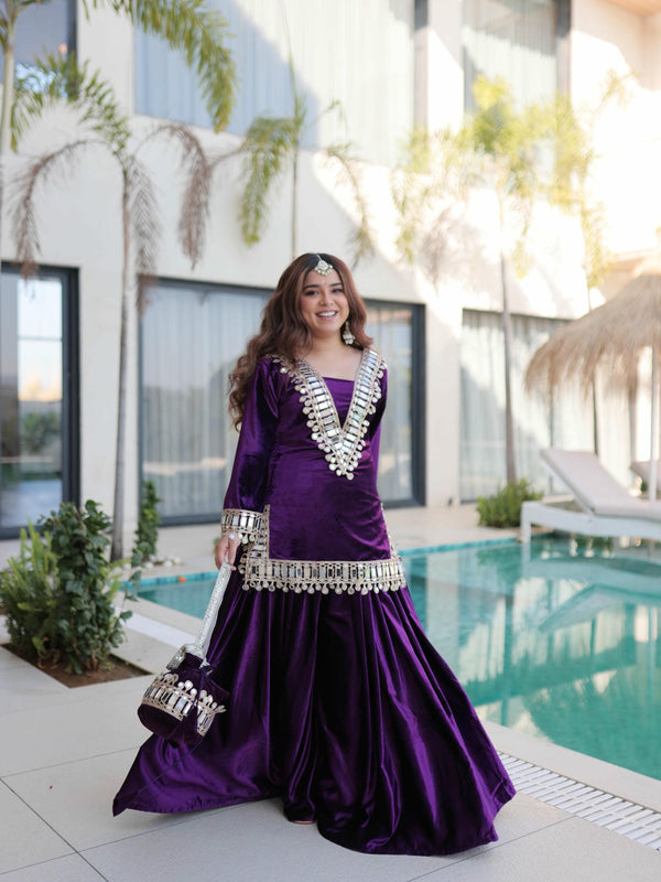 Ice Velvet Zari Mirror Work Top-Palazzo with Batwa