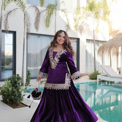 Ice Velvet Zari Mirror Work Top-Palazzo with Batwa