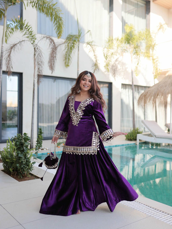 Ice Velvet Zari Mirror Work Top-Palazzo with Batwa