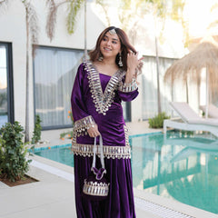 Ice Velvet Zari Mirror Work Top-Palazzo with Batwa