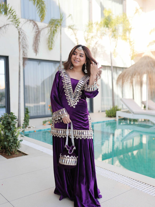 Ice Velvet Zari Mirror Work Top-Palazzo with Batwa
