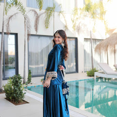 Ice Velvet Zari Mirror Work Top-Palazzo with Batwa