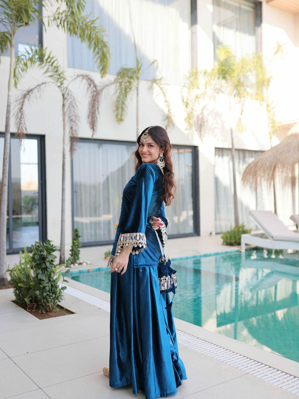Ice Velvet Zari Mirror Work Top-Palazzo with Batwa