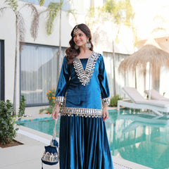 Ice Velvet Zari Mirror Work Top-Palazzo with Batwa