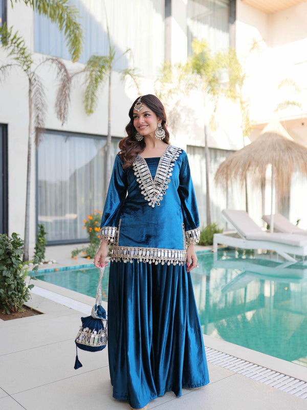 Ice Velvet Zari Mirror Work Top-Palazzo with Batwa