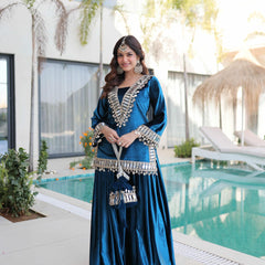 Ice Velvet Zari Mirror Work Top-Palazzo with Batwa