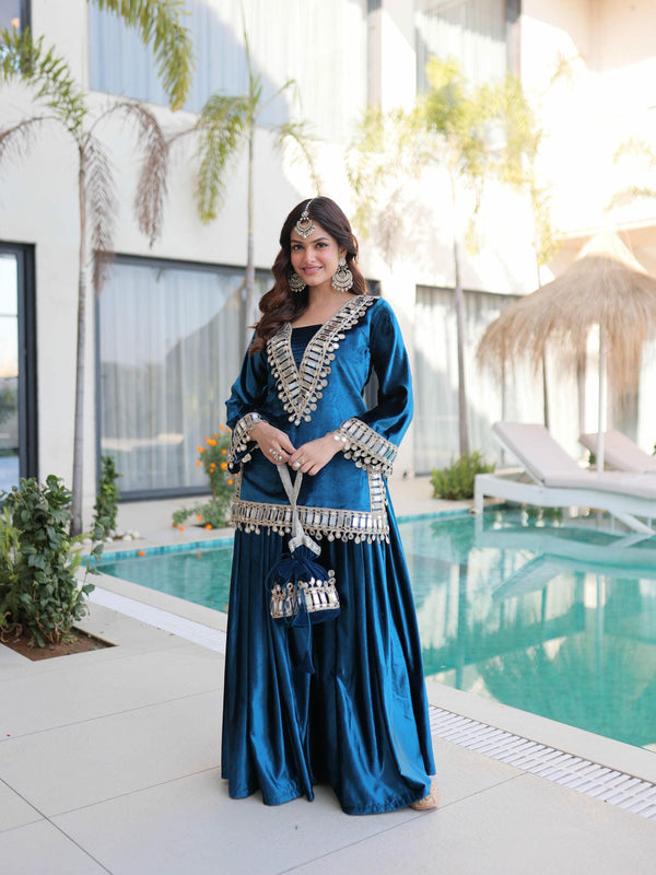 Ice Velvet Zari Mirror Work Top-Palazzo with Batwa