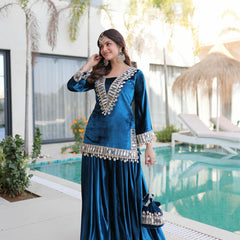 Ice Velvet Zari Mirror Work Top-Palazzo with Batwa