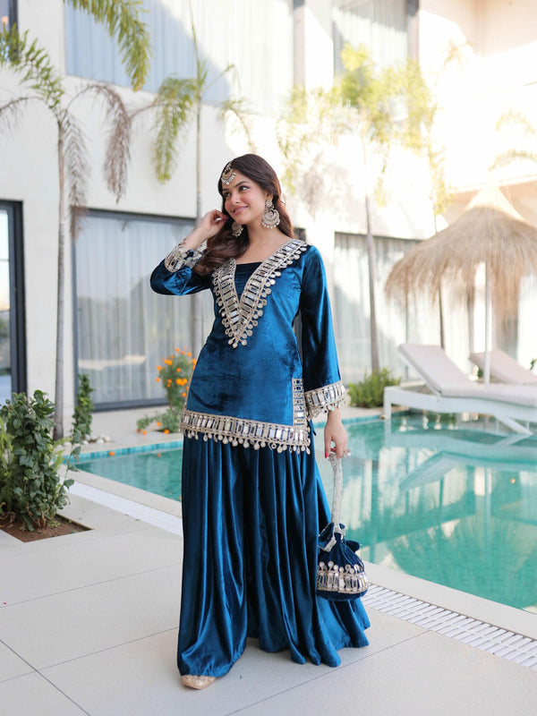 Ice Velvet Zari Mirror Work Top-Palazzo with Batwa