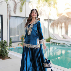 Ice Velvet Zari Mirror Work Top-Palazzo with Batwa