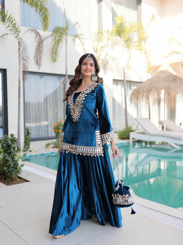 Ice Velvet Zari Mirror Work Top-Palazzo with Batwa