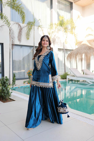 Ice Velvet Zari Mirror Work Top-Palazzo with Batwa