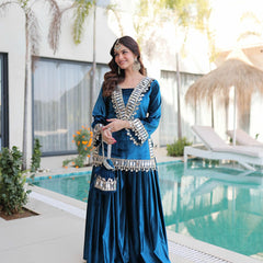 Ice Velvet Zari Mirror Work Top-Palazzo with Batwa