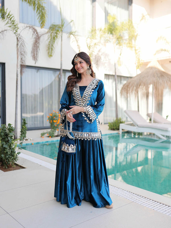 Ice Velvet Zari Mirror Work Top-Palazzo with Batwa