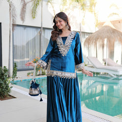 Ice Velvet Zari Mirror Work Top-Palazzo with Batwa