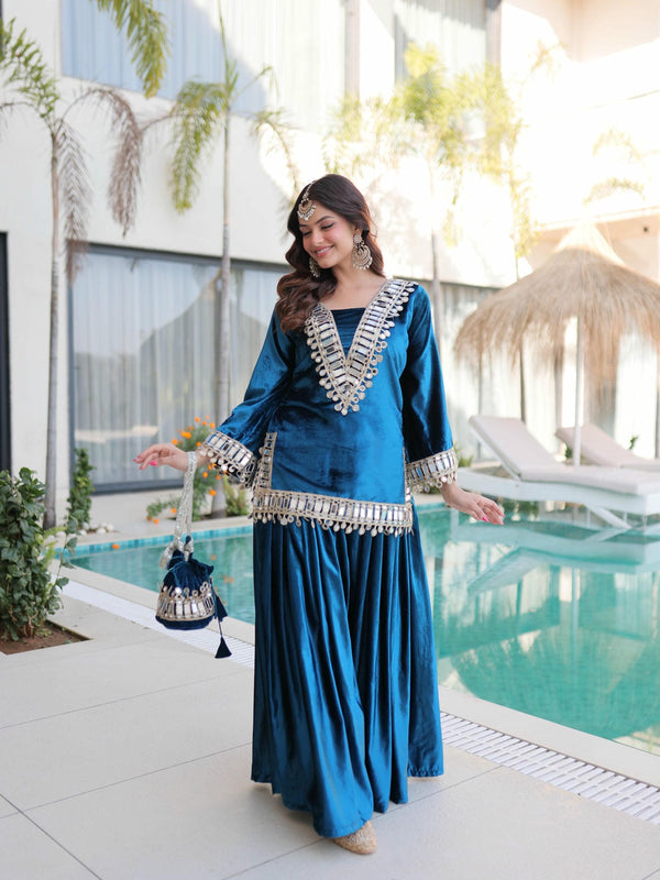 Ice Velvet Zari Mirror Work Top-Palazzo with Batwa