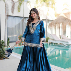 Ice Velvet Zari Mirror Work Top-Palazzo with Batwa