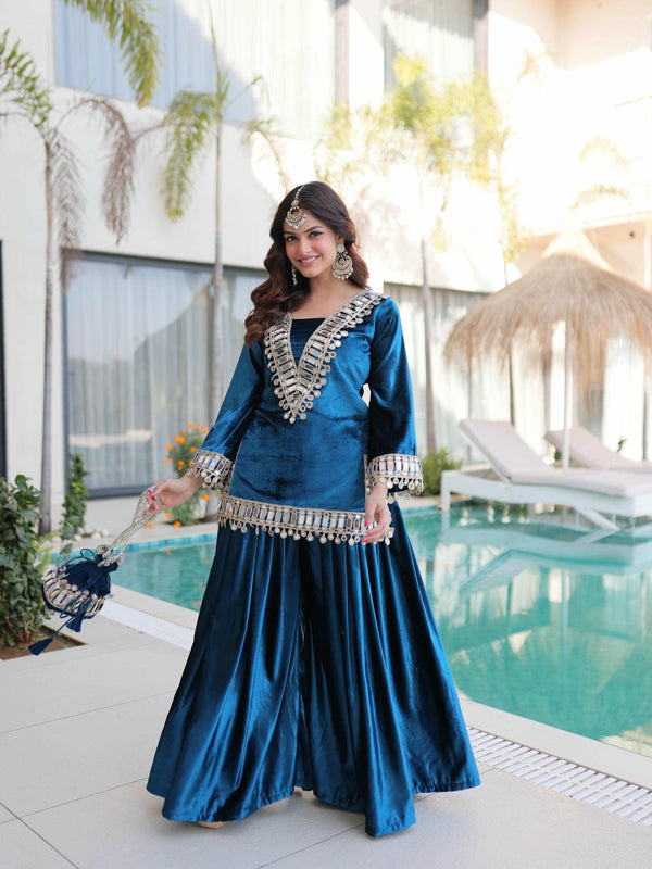 Ice Velvet Zari Mirror Work Top-Palazzo with Batwa