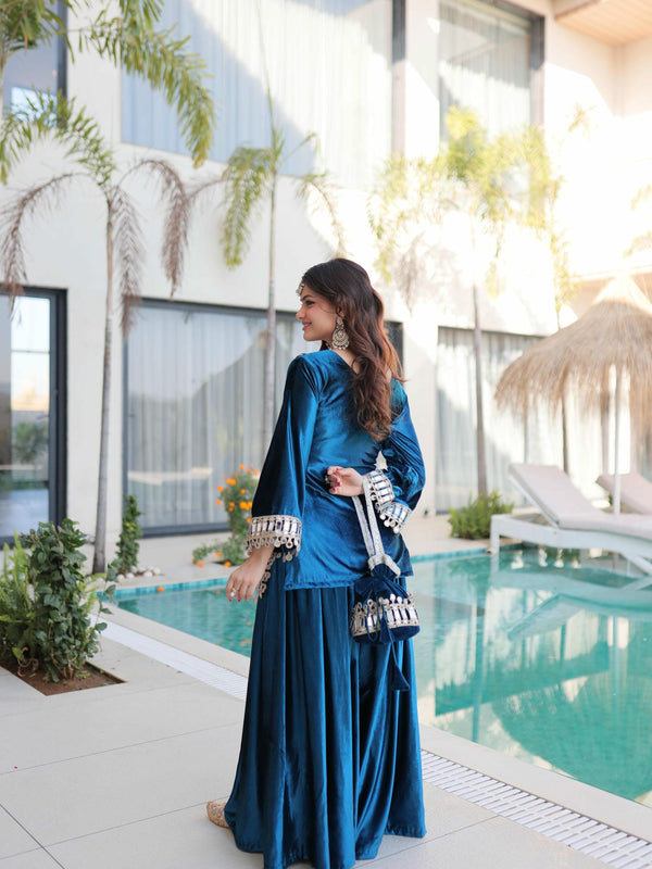 Ice Velvet Zari Mirror Work Top-Palazzo with Batwa