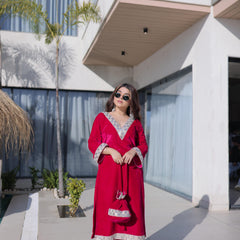 Velvet Zari Mirror Work Top-Pant with Batwa
