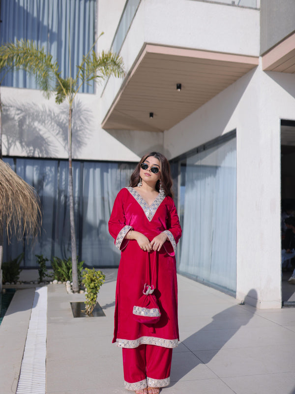 Velvet Zari Mirror Work Top-Pant with Batwa