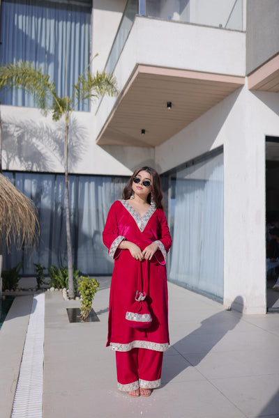 Velvet Zari Mirror Work Top-Pant with Batwa