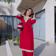 Velvet Zari Mirror Work Top-Pant with Batwa