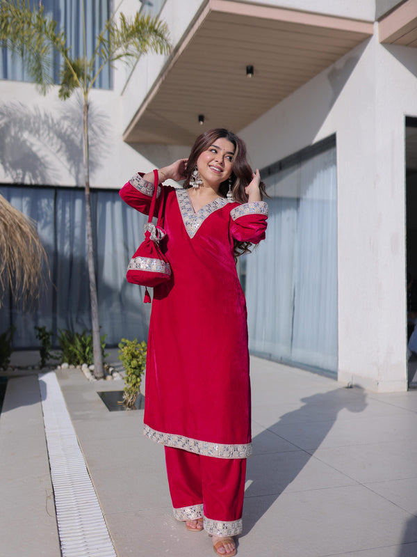 Velvet Zari Mirror Work Top-Pant with Batwa