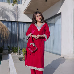 Velvet Zari Mirror Work Top-Pant with Batwa