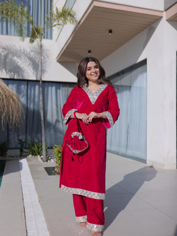 Velvet Zari Mirror Work Top-Pant with Batwa