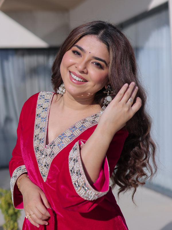 Velvet Zari Mirror Work Top-Pant with Batwa
